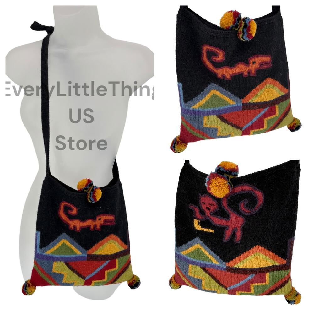 Tabask Crossbody Bag Purse Alpaca Wool Peruvian Handmade Cat Alligator Pom Poms